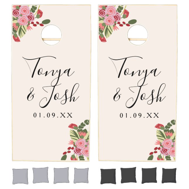 Red Poppies Pink Floral Greenery Cornhole Set (Set)