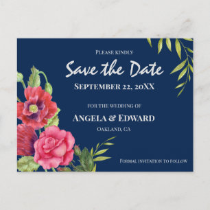 Red Poppies Pink Rose Wedding Save The Date Announcement Postcard