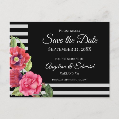 Red Poppies Pink Rose Wedding Save The Date Announcement Postcard