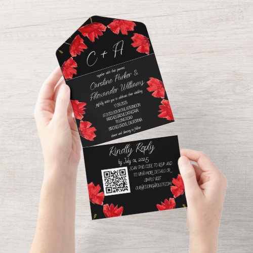 Red Poppies Poppy Black Modern Elegant Floral  All In One Invitation