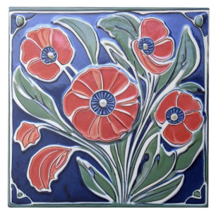 Red Poppies Poppy Flower Art Deco Nouveau Folk Art Ceramic Tile