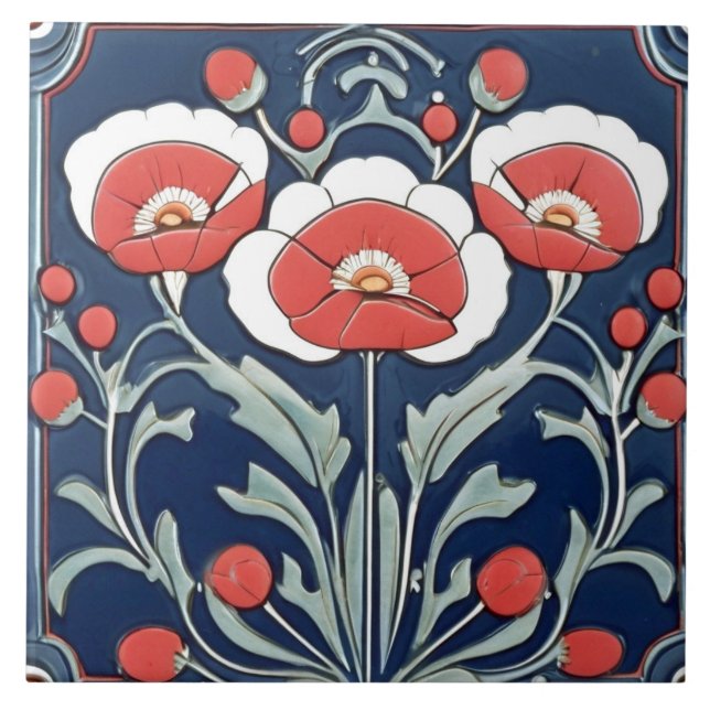 Red Poppies Poppy Flower Art Nouveau Deco Folk Art Ceramic Tile (Front)