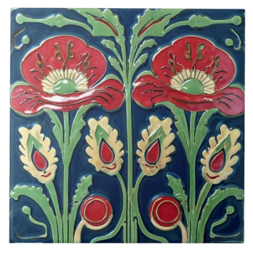 Red Poppies Poppy Flower European Folk Art Ceramic Tile