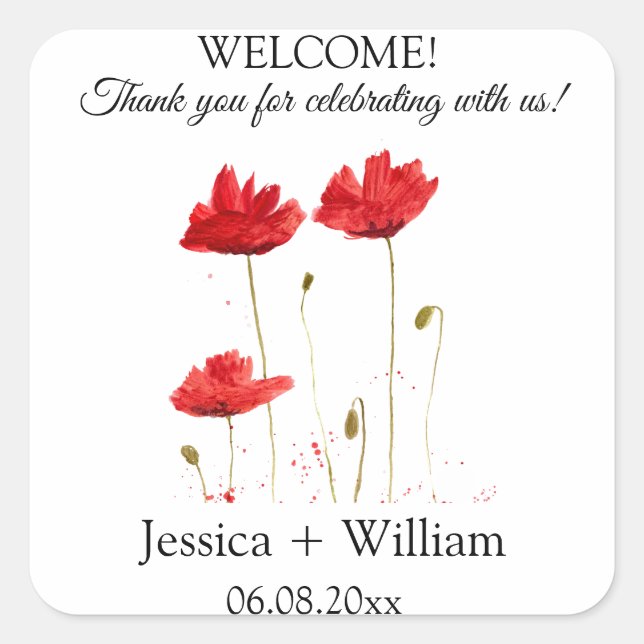 Red Poppies Poppy Flowers Rustic Modern Wedding Square Sticker (Front)
