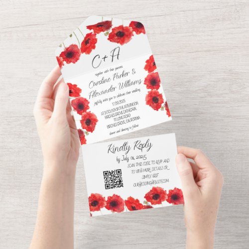 Red Poppies Poppy Modern Elegant Floral  All In One Invitation
