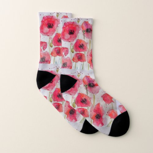 Red Poppies Poppy Watercolor Floral Pattern Socks