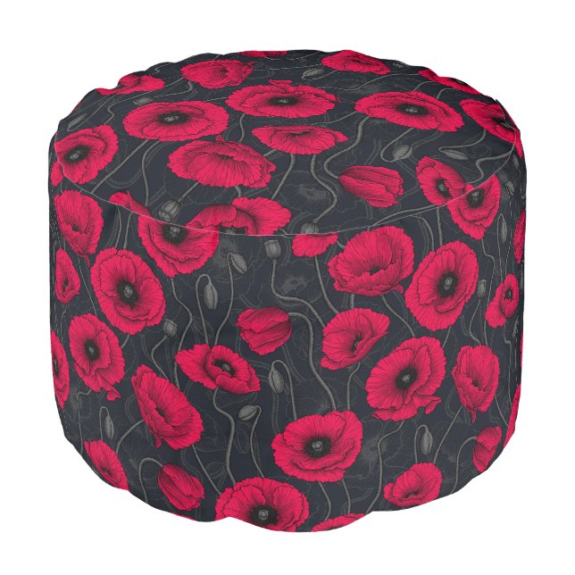 Red Poppies Pouf (Angled Front)