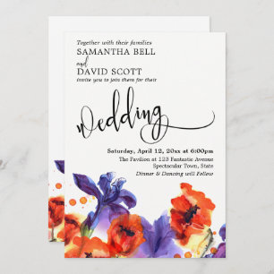 Red Poppies, Purple Iris Watercolor Modern Wedding Invitation