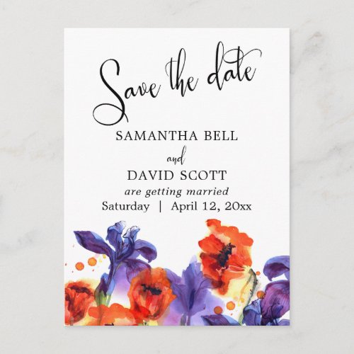 Red Poppies Purple Iris Watercolor Save the Date Announcement Postcard