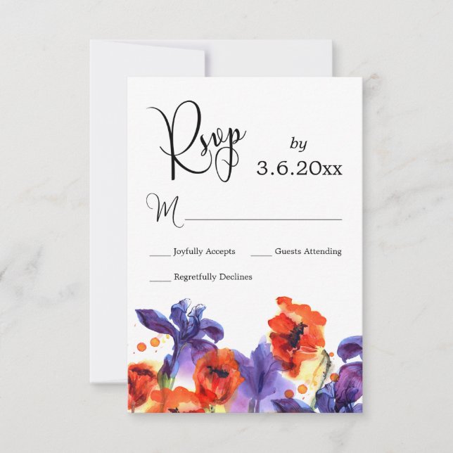 Red Poppies, Purple Iris Watercolor Wedding RSVP (Front)