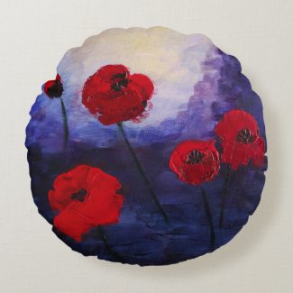Red Poppies Purple Painting  Round Pillow