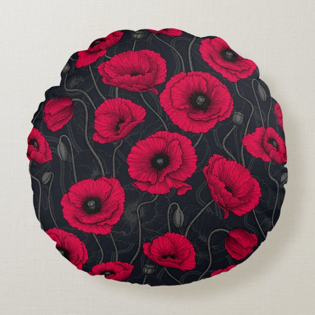 Red Poppies Round Pillow (Front)