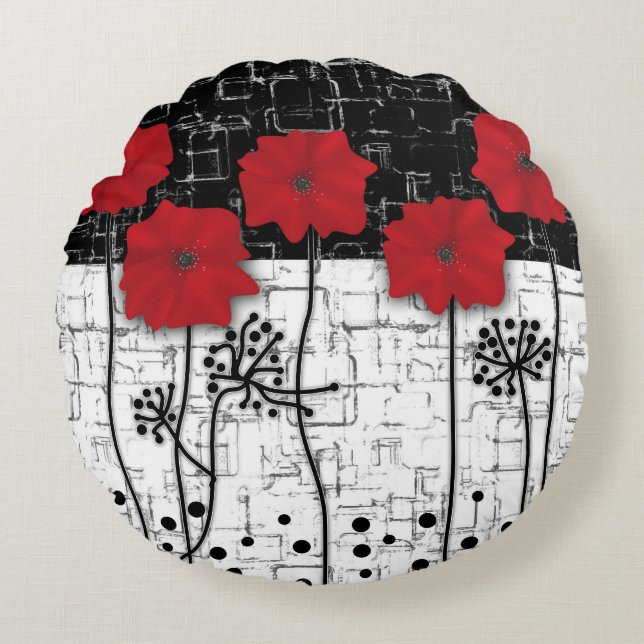 Red poppies round pillow (Front)