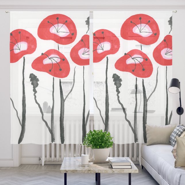 Red Poppies Sheer Curtains (Living Room)