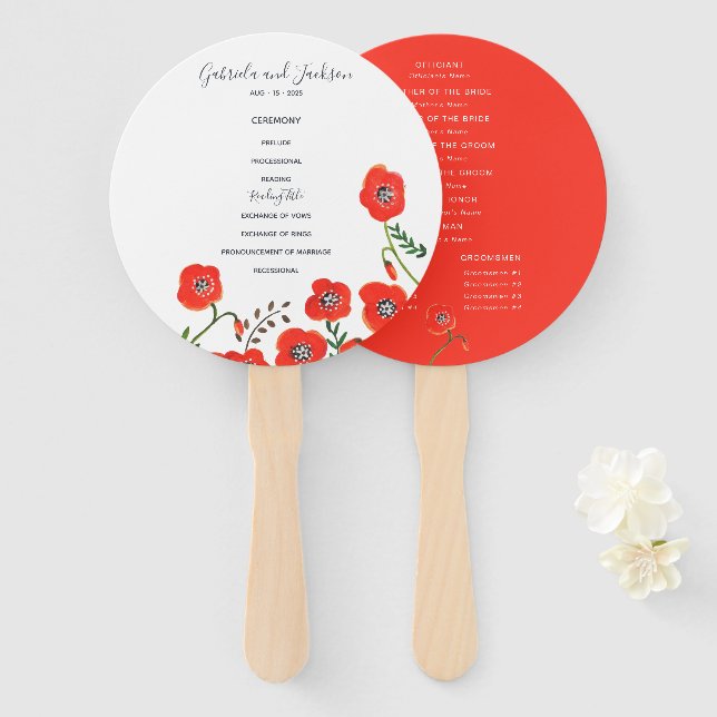 Red poppies spring wedding hand fan (Front and Back)