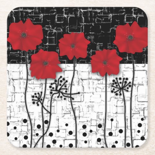 Red poppies square paper coaster