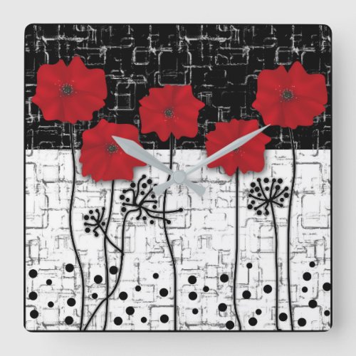 Red poppies square wall clock