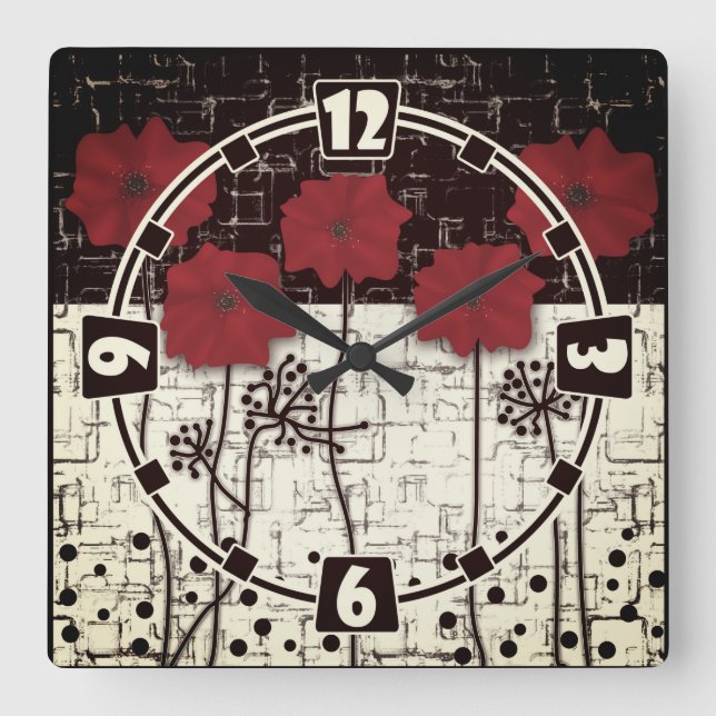 Red poppies square wall clock (Front)
