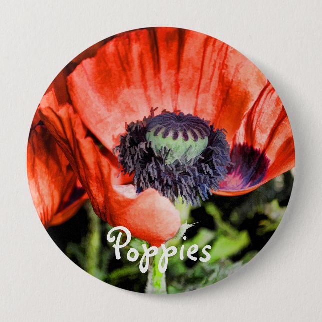 Red Poppies & Stamen Flowers Flora Art Gifts Pinback Button (Front)