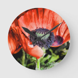 Red Poppies & Stamen Flowers Flora Art Gifts Round Clock