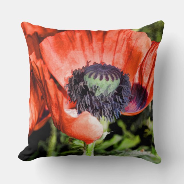 Red Poppies & Stamen Flowers Flora Art Gifts Throw Pillow (Front)