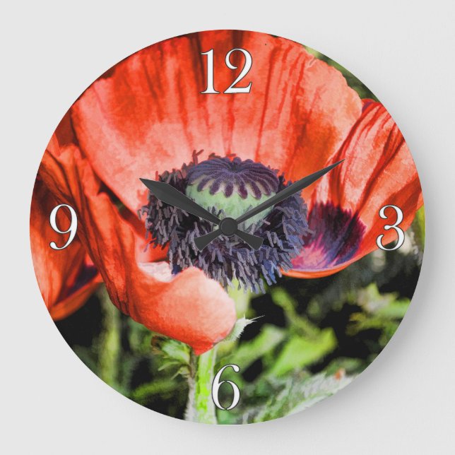 Red Poppies & Stamen Flowers Flora Photo Clock (Front)