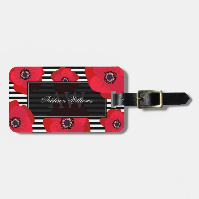 Red Poppies & Stripes - Monogrammed Luggage Tag (Front Horizontal)