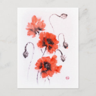 Red poppies sumie ink and watercolor postcard