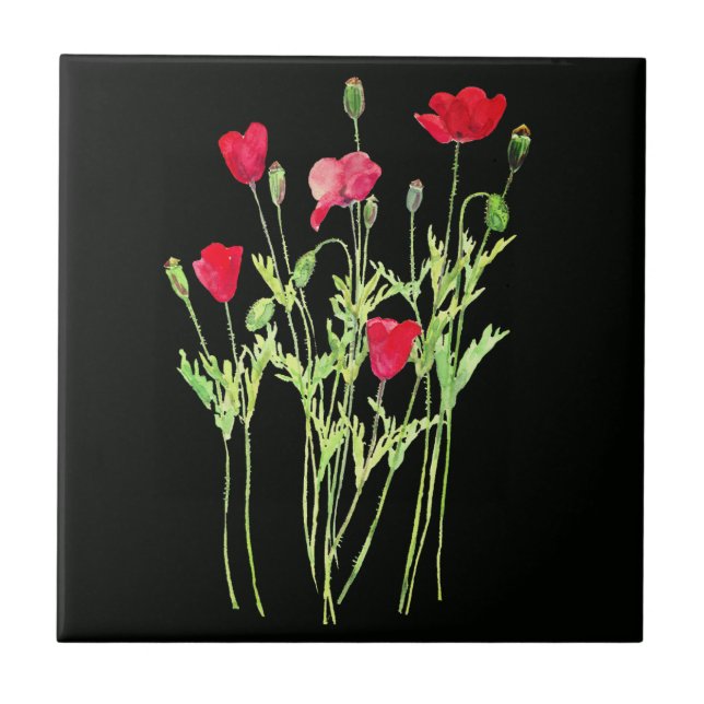 Red poppies summer meadow, wild flowers ceramic tile (Front)