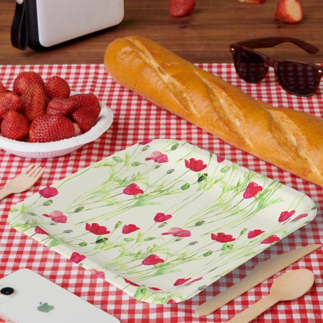 Red poppies summer meadow, wild flowers paper plates (Picnic)
