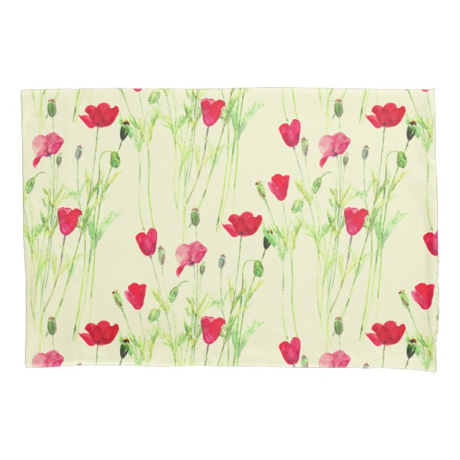 Red poppies summer meadow, wild flowers pillow case (Front)