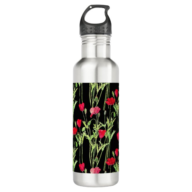 Red poppies summer meadow, wild flowers stainless steel water bottle (Front)