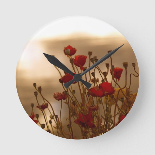 Red Poppies & Sunlight Flowers Flora Photo Clock (Front)