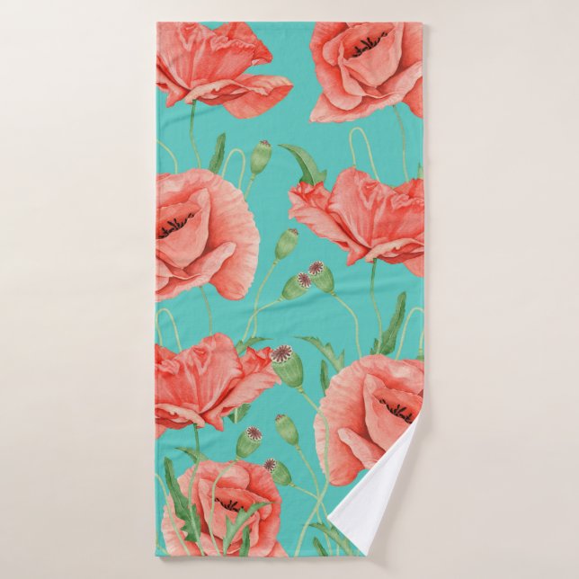 Red Poppies Teal Watercolor Chic Bath Towel Set (Bath Towel)