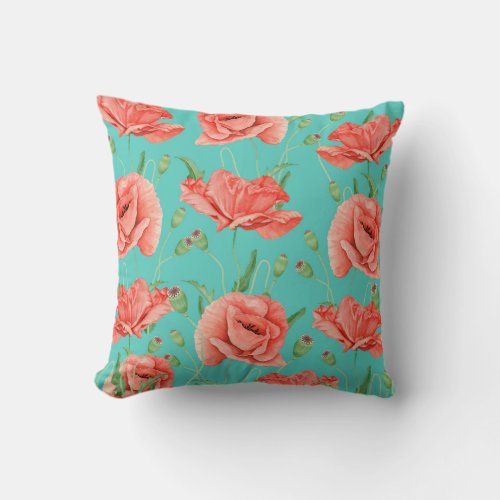 Red Poppies Teal Watercolor Chic Throw Pillow