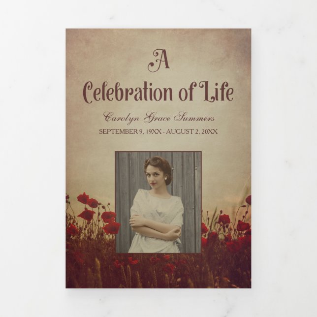 Red Poppies Vintage Funeral Program With Photo (Cover)