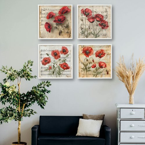 Red poppies vintage music sheet floral set of four peel and stick photo tile