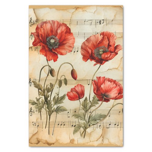 Red poppies vintage style music sheet ephemera