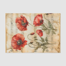 Red poppies vintage style music sheet ephemera