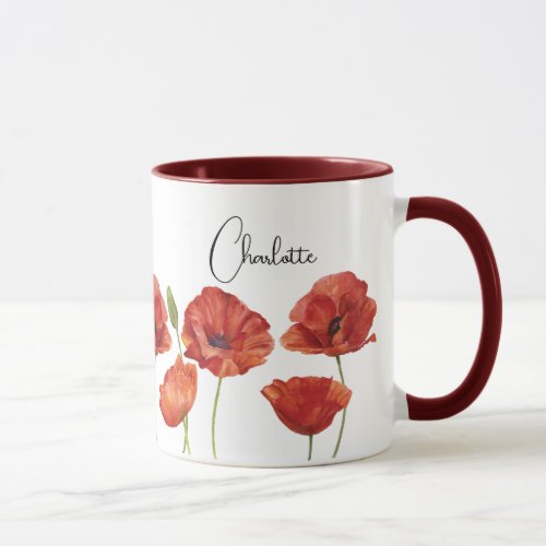 Red Poppies Watercolor August Birth Flowers Mug