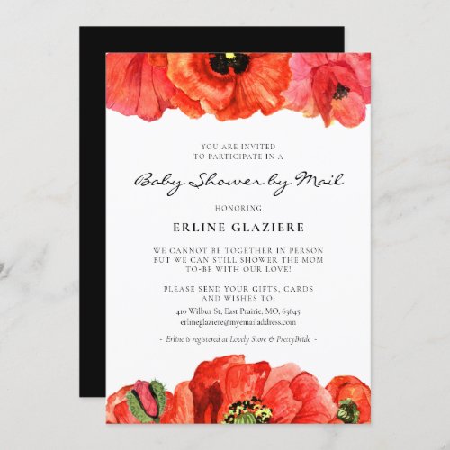 Red poppies watercolor Baby Shower by mail Invitation