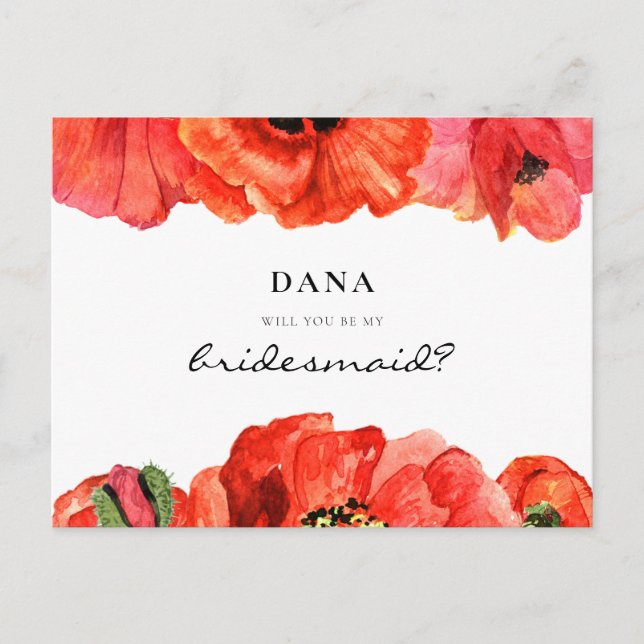 Red poppies watercolor Bridesmaid proposal Postcard (Front)