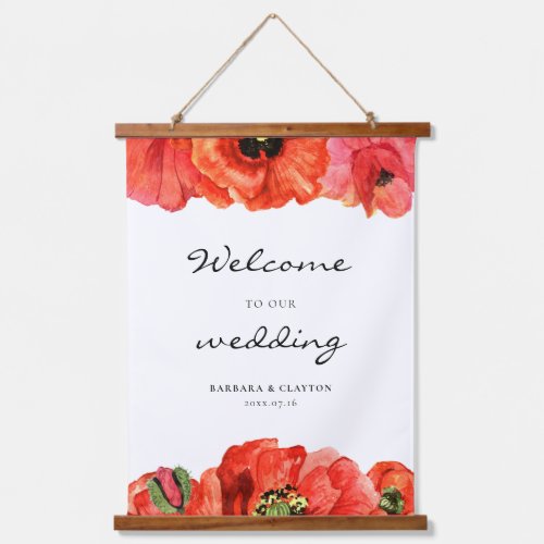 Red poppies watercolor custom wedding sign hanging tapestry