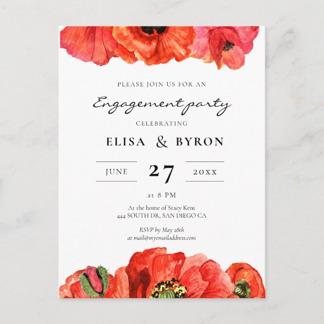 Red poppies watercolor engagement party invitation postcard (Front)