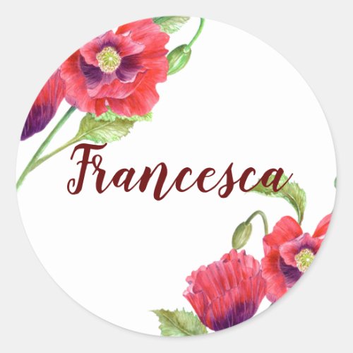 Red Poppies Watercolor Floral Art Classic Round Sticker