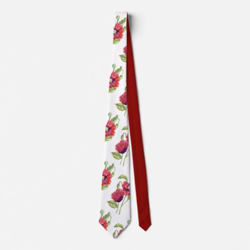 Red Poppies Watercolor Floral Art Neck Tie
