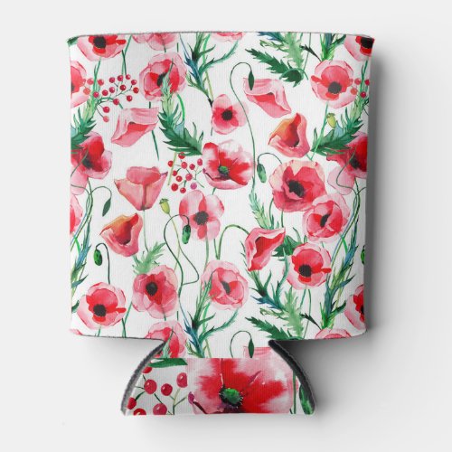 Red poppies watercolor floral illustration can cooler