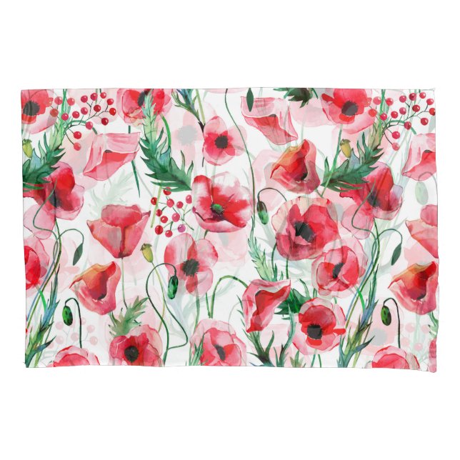 Red poppies: watercolor floral illustration pillow case (Front)