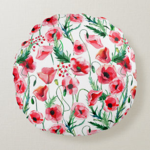 Red poppies: watercolor floral illustration round pillow