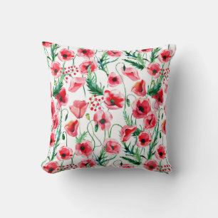 Red poppies: watercolor floral illustration throw pillow